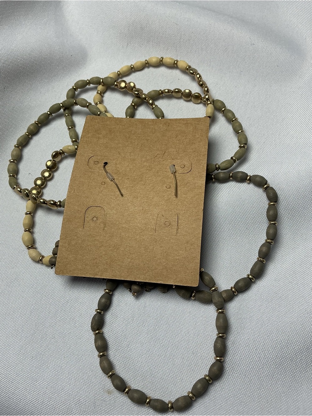 ★ Boho Wood Bead Tassel Earrings & Stack Bracelet Set Neutral Gold - Picture 6 of 9